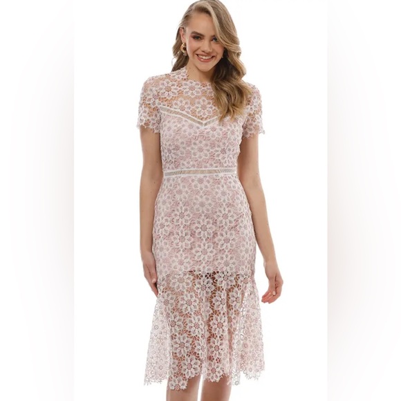 SAYLOR Lillie Lace Illusion Dress 
Illusion Neckline/Open Back 
MED 
BLUSH/IVORY - Picture 2 of 16